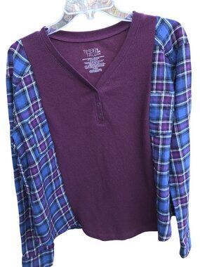 Upcycled Plaid & Waffle Knit Pullover, Oversized Plum Long Sleeved Flannel Tee M